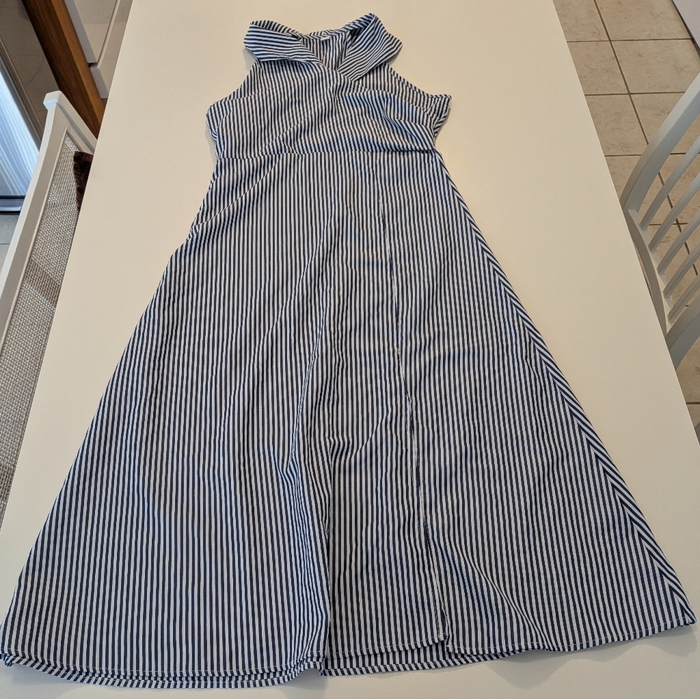 Rihoas Blue White Striped Halter Maxi Dress Collared Wrap Bodice‎ Slit Size L